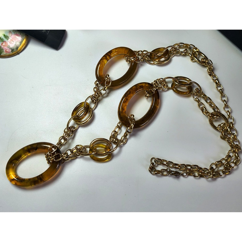 Vintage Tortoise Shell Rolo Links Chunky 80s Long Necklace 32"